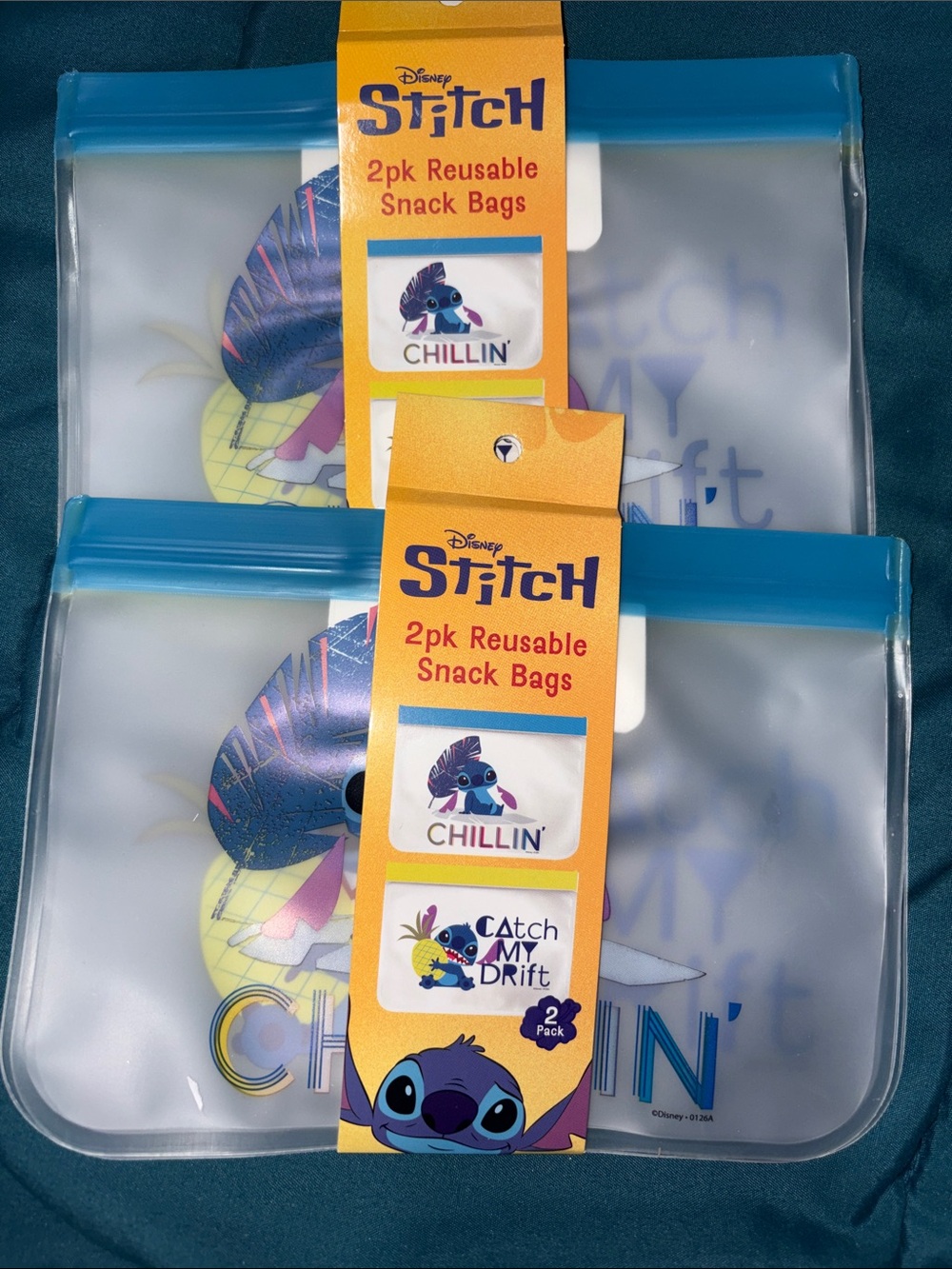 4 Total - Disney Stitch Reusable Snack Bags - Blue, White